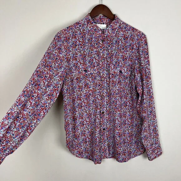 J. Crew Classic Fit 100% Silk Blouse Womens 8 Red Floral‎ Long Sleeve Button Up - Picture 6 of 11